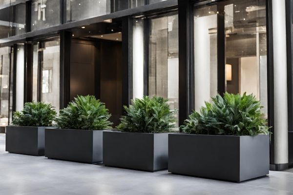 Matte black rectangular fiberglass planters in front of a store in New York City