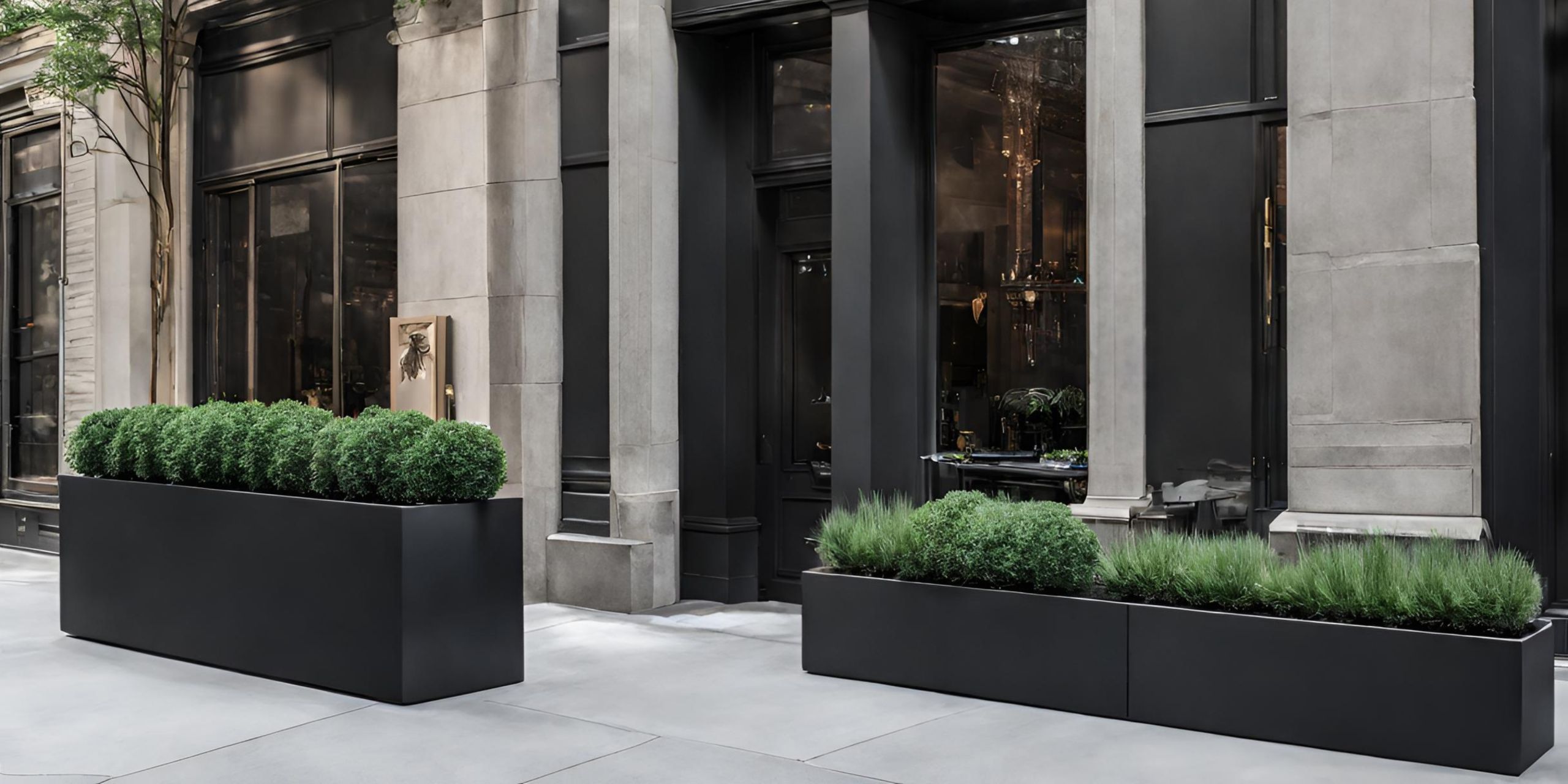 Matte black rectangular fiberglass planters in front of a store in New York City